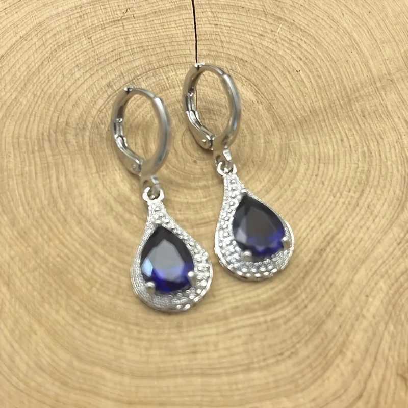 1 Pair Luxury Fashion Women 925 Silver Plated Blue Crystal Dangle Drop CZ Earrings Jewelr Y250510