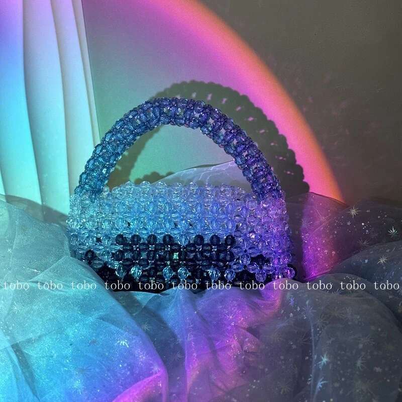 Gradient Blue Beaded Own Design Tote Bags Women Customized Color Fashion Handbags For 2022 Chain Handle Clutch Evening Bag