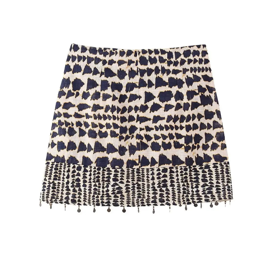 Women Vintage Geometric Print Knotted Mini Sarong Skirt Faldas Mujer Female Beading Tassel Casual Zipper Vestidos QUN4078 250513