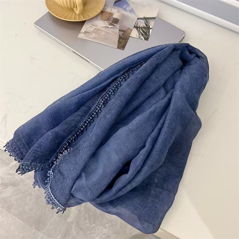 T702 solid color sunshade shawl scarf cotton linen long solid color lace splicing holiday scarf