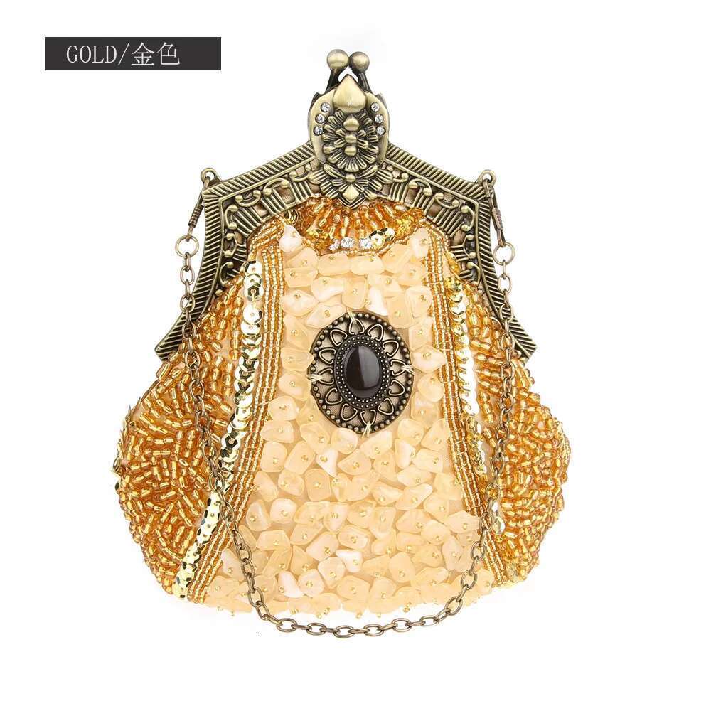 Designer Bag 2025 Retro Fashion Pearl Sequin Beaded Clutches Handbag For Women Vintage Antique Gold Color Chain Shoulder Bag Party Evening Bags Luxury