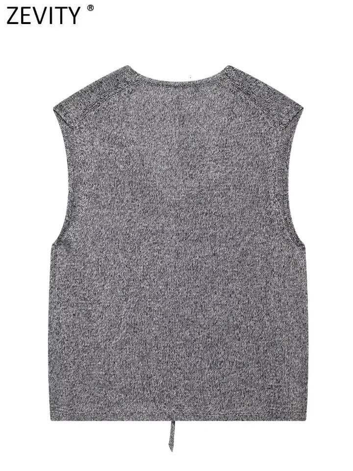 Zevity Womens French Casual Vneck Sleeveless Grey Knitted Tank Top Sweater Fashion Open Collar Lace SW6275 250506