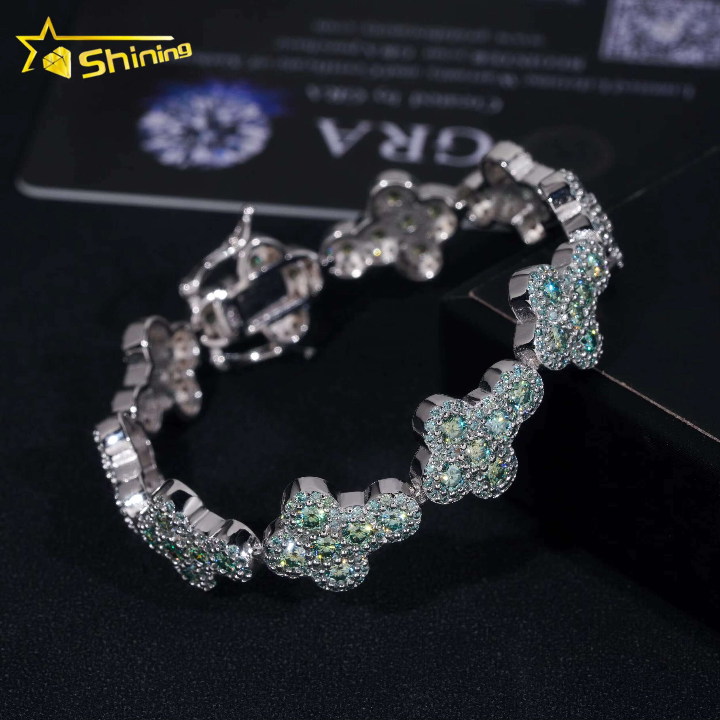 Pass Diamond Tester Silver 925 Gold Plated Hip Hop Jewelry Custom Blue Green Colored Moissanite Cluster Cuban Bracelet