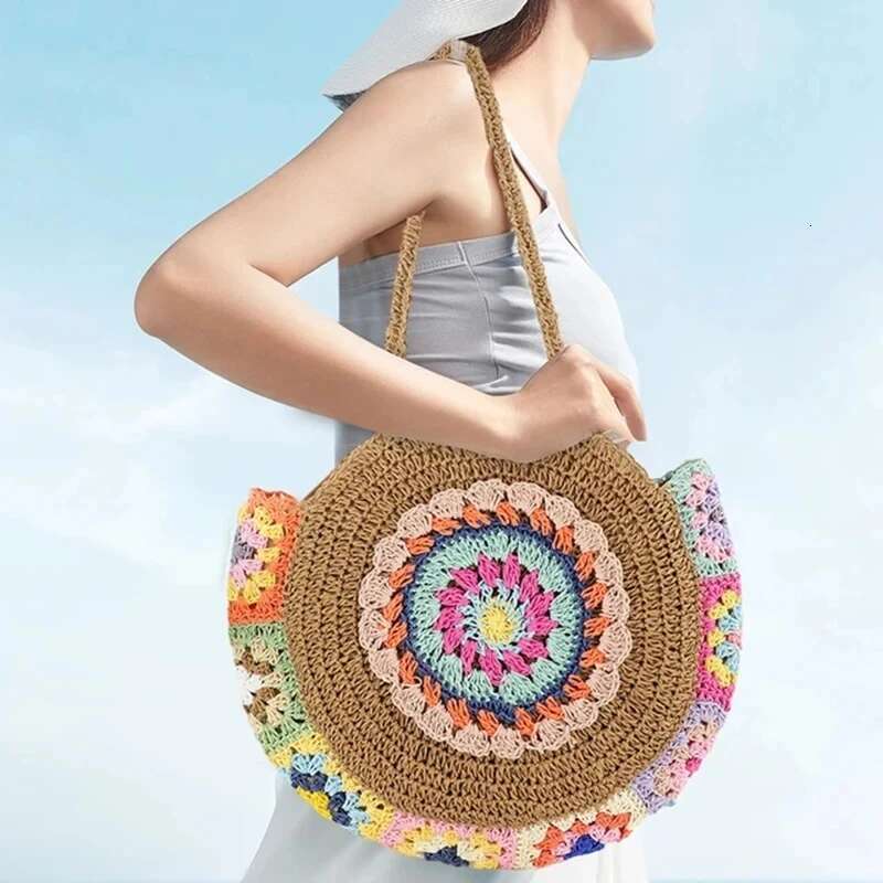 Designer Bag 2025 Ethnic Style Round Straw Weaving Fashion Shoulder Summer Handmade Woven Beach Underarm Bags Women's Large Capacity Tote Bag Lux