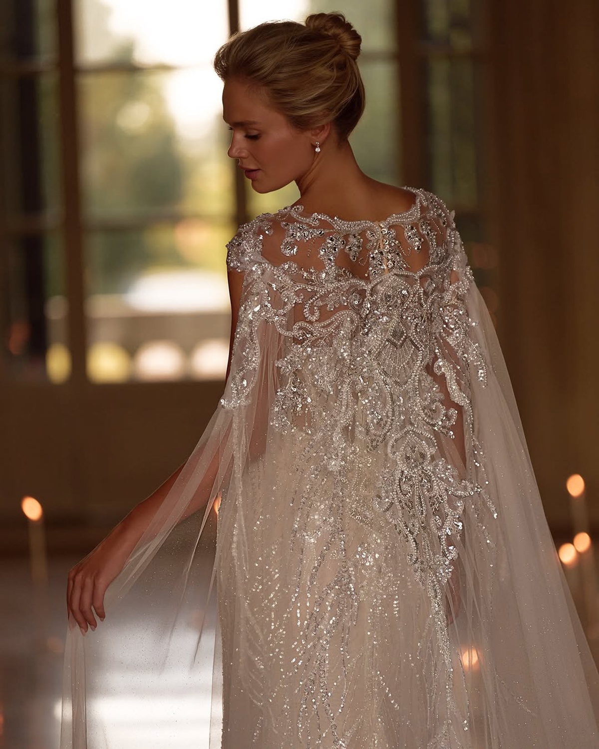 Fancy Wedding Dress Crystal Lace Mermaid Bridal Gowns with Cape Sequins Pearls Beading Illusion Bride Dresses Customized Vestido de novia