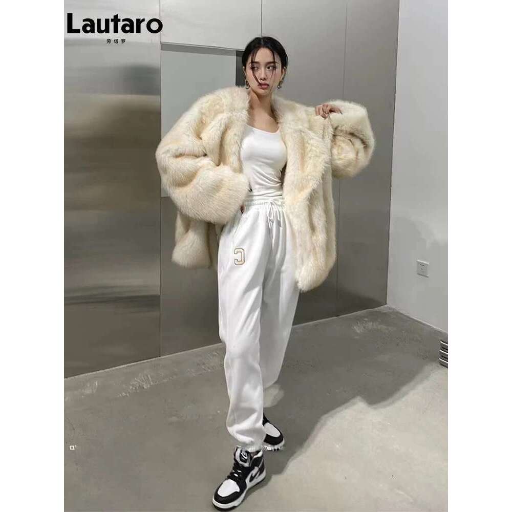 Lautaro Winter Loose Casual Thick Warm Soft Hairy Faux Fur Coat Women High Quality Furry Fluffy Jacket Korean Fashion Designer Designer