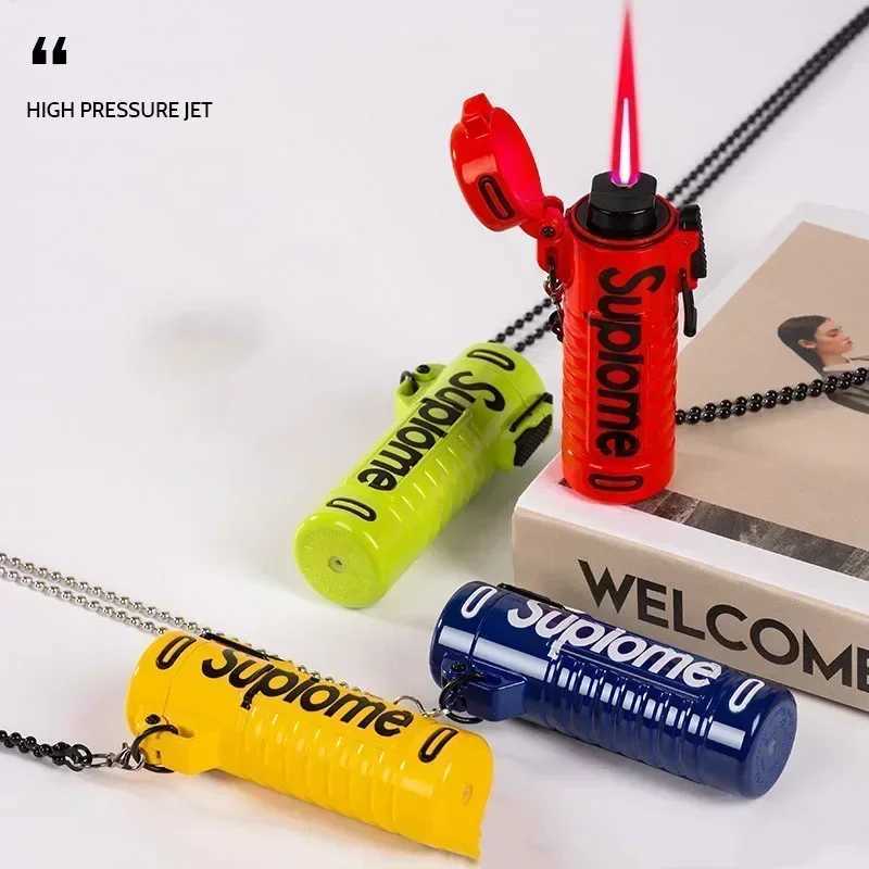 New Outdoor Windproof Pendant Inflatable Lighter Fashionable Letter Jet Green Flame Strong Firepower Portable Lighter Mens Gift Y250513