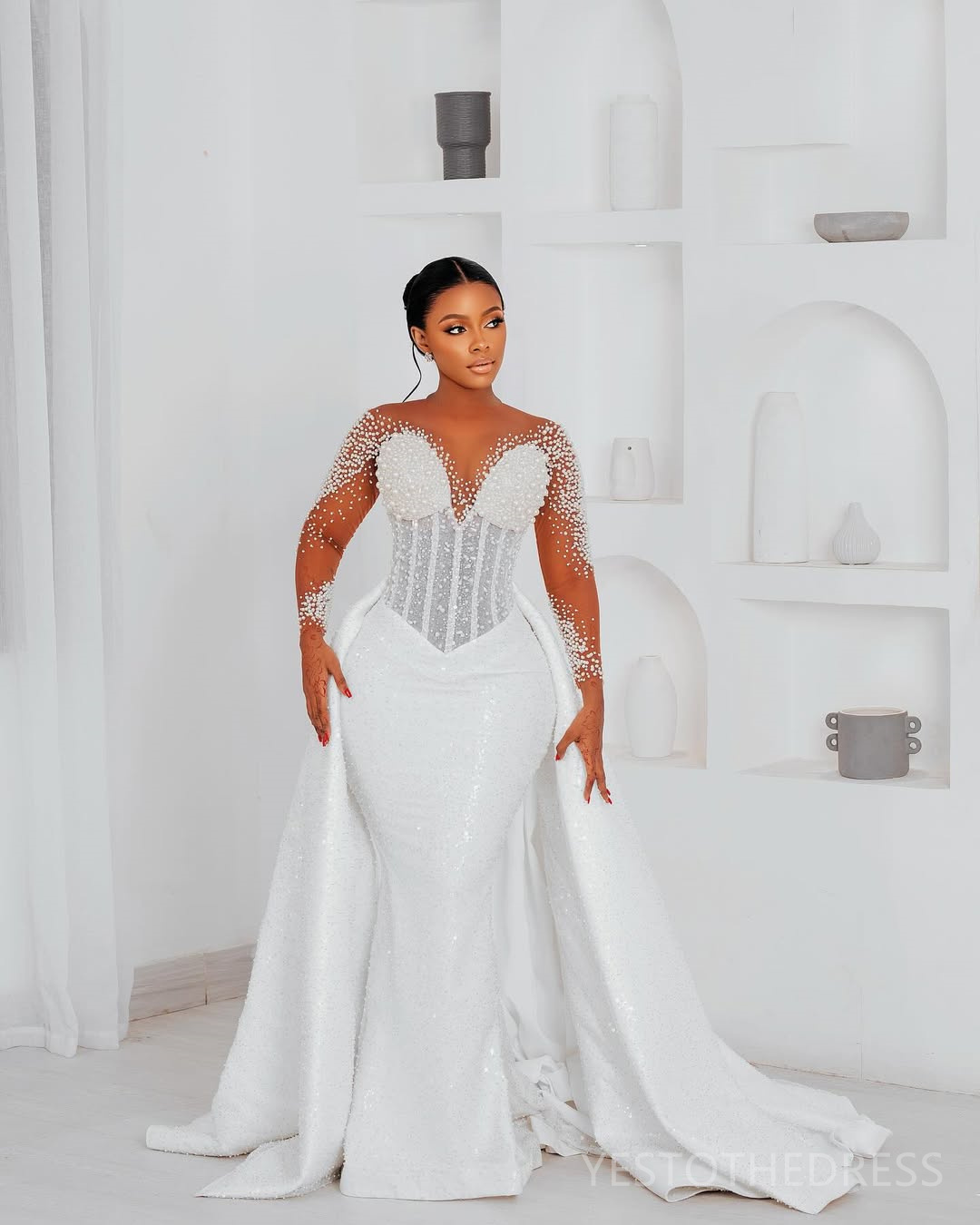 2025 Aso Ebi Mermaid Wedding Dress For Bride Bridal Gowns Detachable Train Illusion Beaded Lace Crystals Decorations Luxurious Wedding Gowns for Black