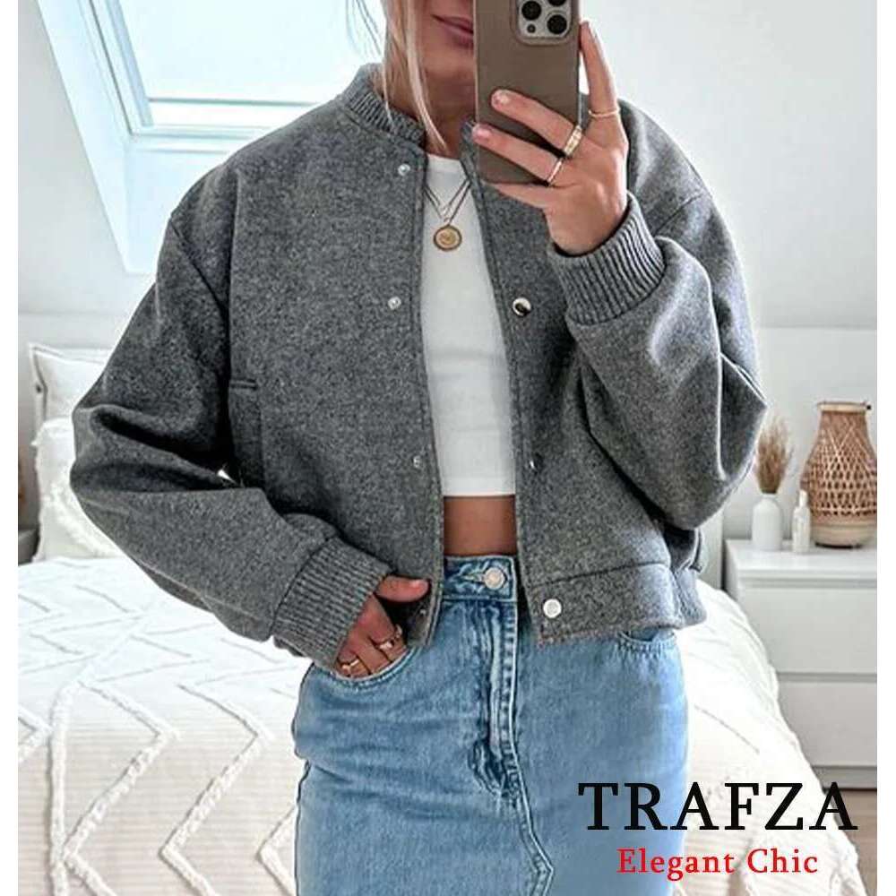 TRAFZA Casual Solid Soft Tweed Coat Women's Pocket Buttons New 2025 Spring Fall Fashion Simple Versatile Jacket