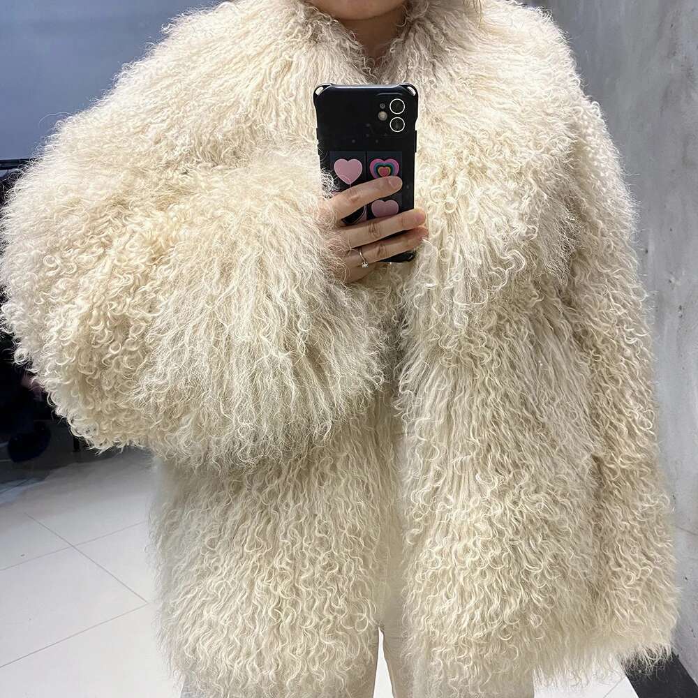 Yoloagain Women's Real Mongolia Dark Brown Sheep Fur Jacket Designer