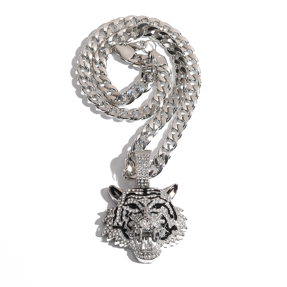 Trendy Men's Full Diamond Cuban Link Chain Necklace, High-End Hip Hop Pendant with Cross and Tiger Design