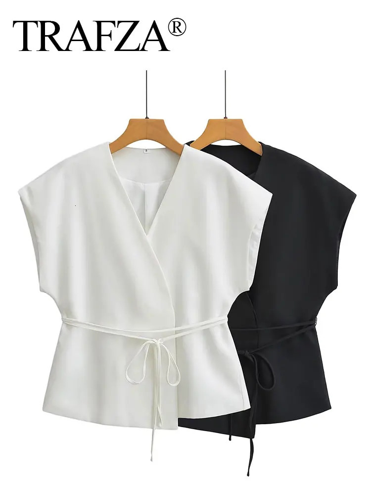 TTRAFZA Women Vintage Solid Vest With Lace Up Sleeveless V Neck Shirt Summer Female Casual Commuting Chic Top Blouse 250506