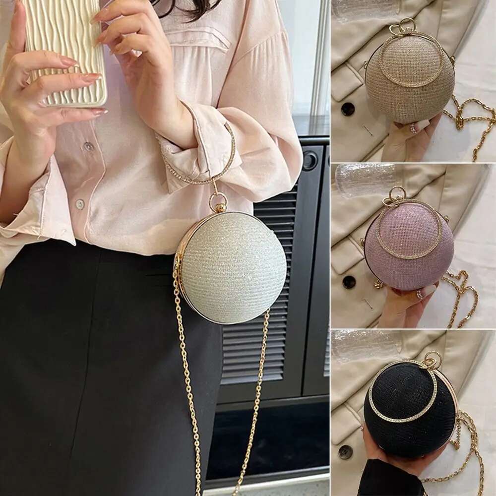 Gold Bright Silk Circular Evening Bag Women Banquet Clutch Rhinestone Decor Chain Shoulder Bags Female Party Handbags