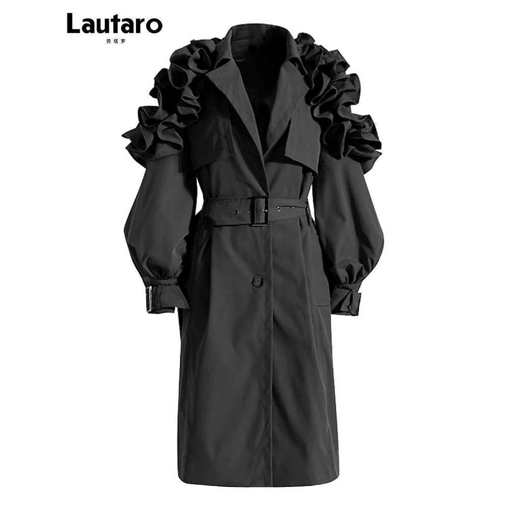 Lautaro Spring Autumn Long Black Khaki Trench Coat for Women Belt Elegant Chic Stylish Designer Clothes Runway Fashion