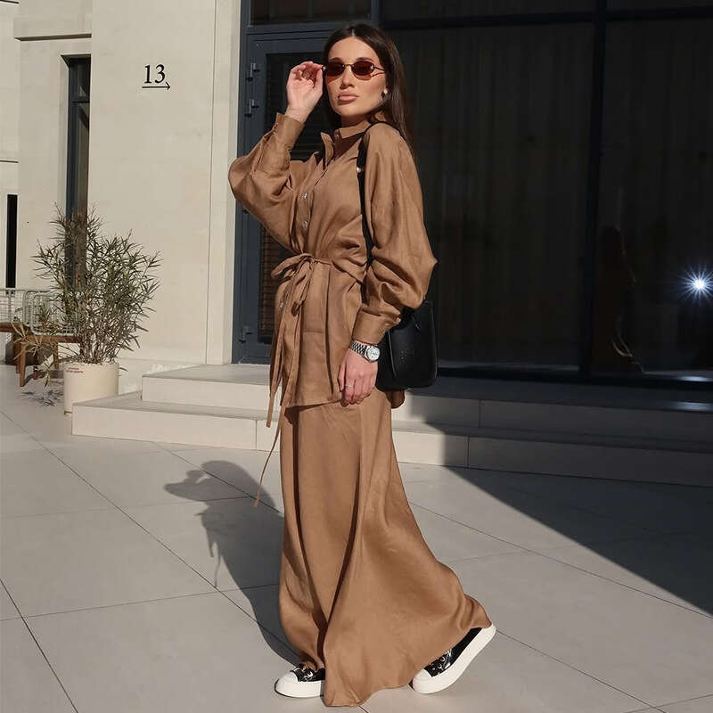Women's Summer New Style Lapel Tie Loose Sleeved Shirt High Waisted Long Skirt Casual Set B5