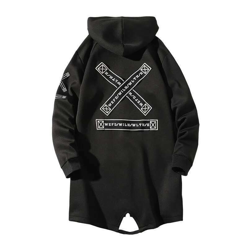 Men Trench Coat fashion Printed Streetwear Hooded Windbreaker Slim Fit Overcoat Outwear