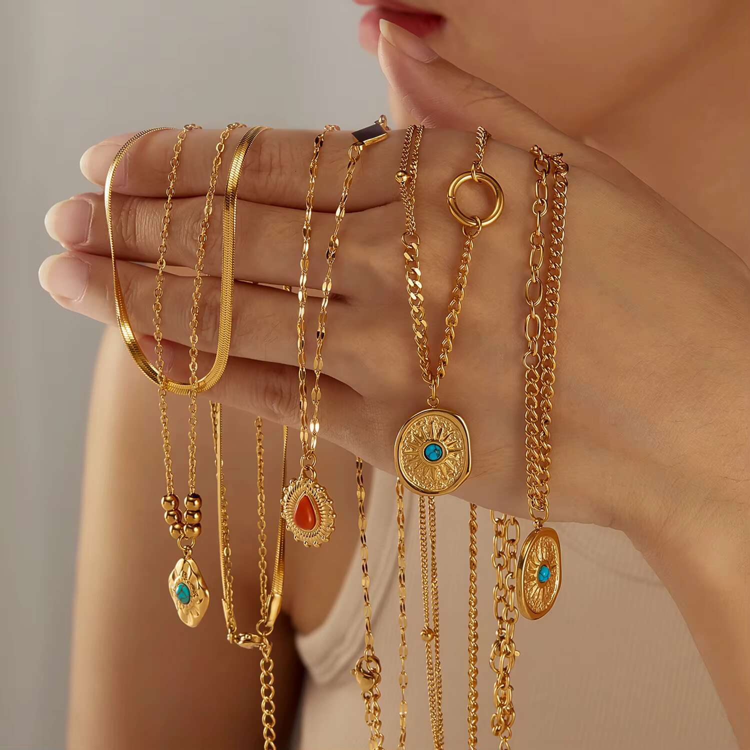 New Fashion Gold Plated Stainless Steel Colored Natural Stone Pendant Necklace for Women's Party Accessories Gifts