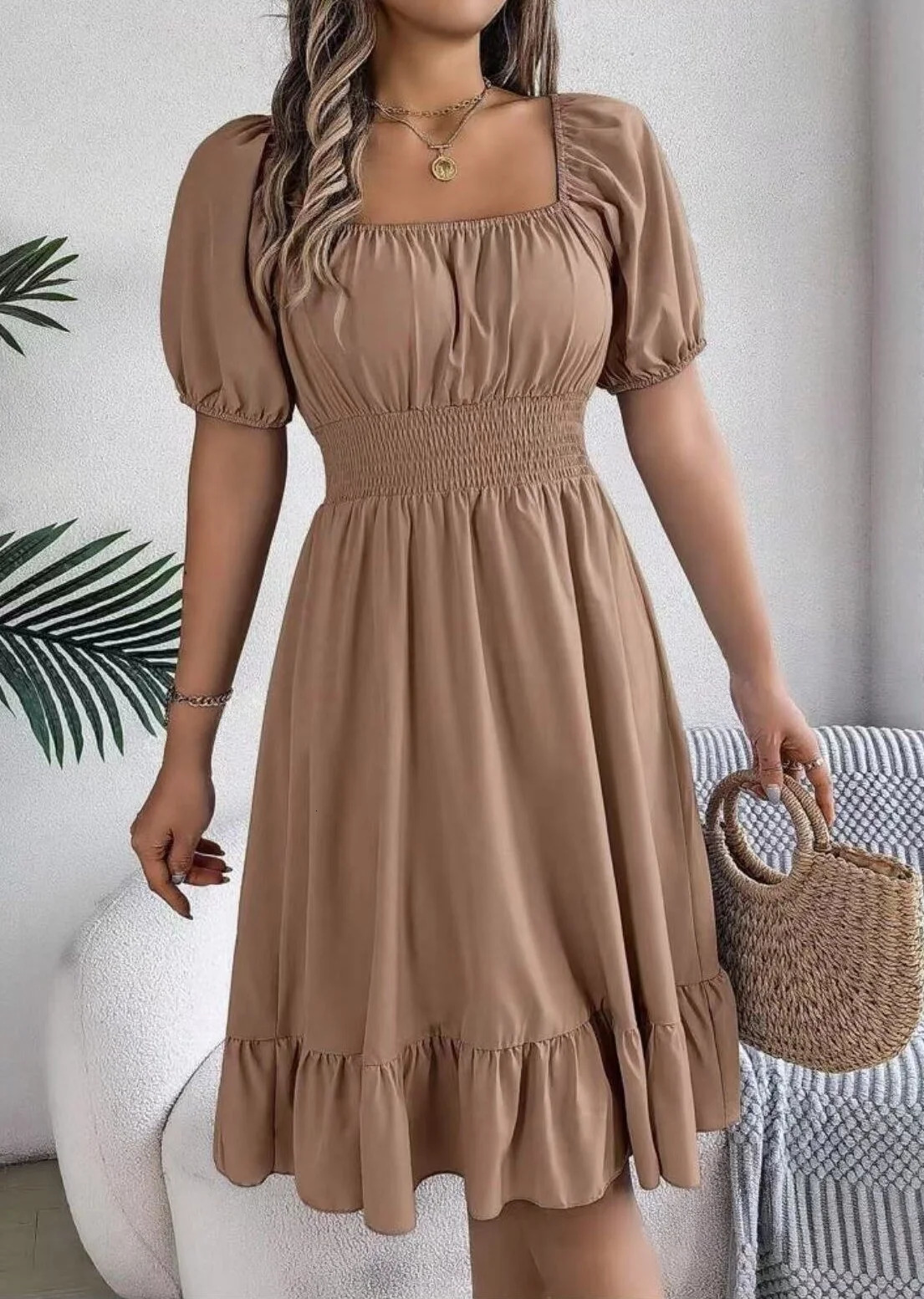 European and American spring summer casual square neck short sleeve gathering waist lotus leaf edge temperament dress 250513