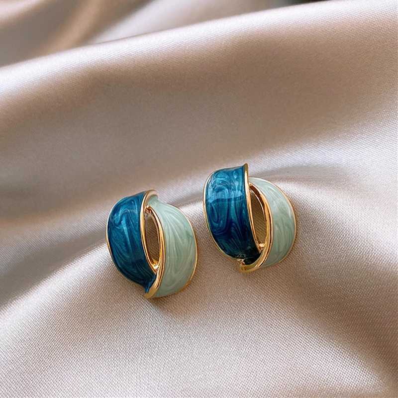 Korean Double Arc Cross Enamel Stud Earring for Women Personality Contrast Color Blue Geometric Earring Jewelry Party Pendants Y250510