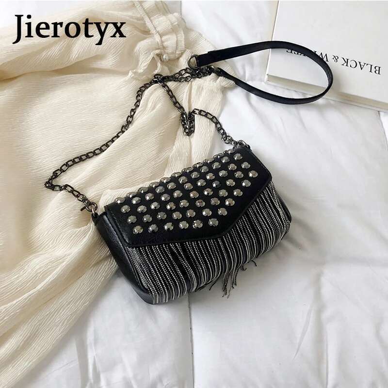 JIEROTYX Fashion Tassel Dias Brand Design Mini Chain Shoulder Bag Crossbody Black Leather Rivets Female Bolsa Sac A Main