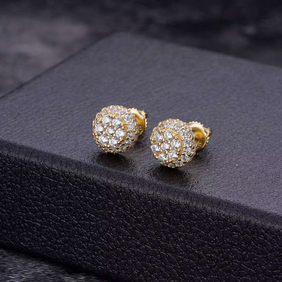 Fine Hip Hop Jewelry Gold Plated 9mm Iec Out VVS Moissanite Diamond 925 Sterling Silver Round Screw Back Stud Earrings for Men
