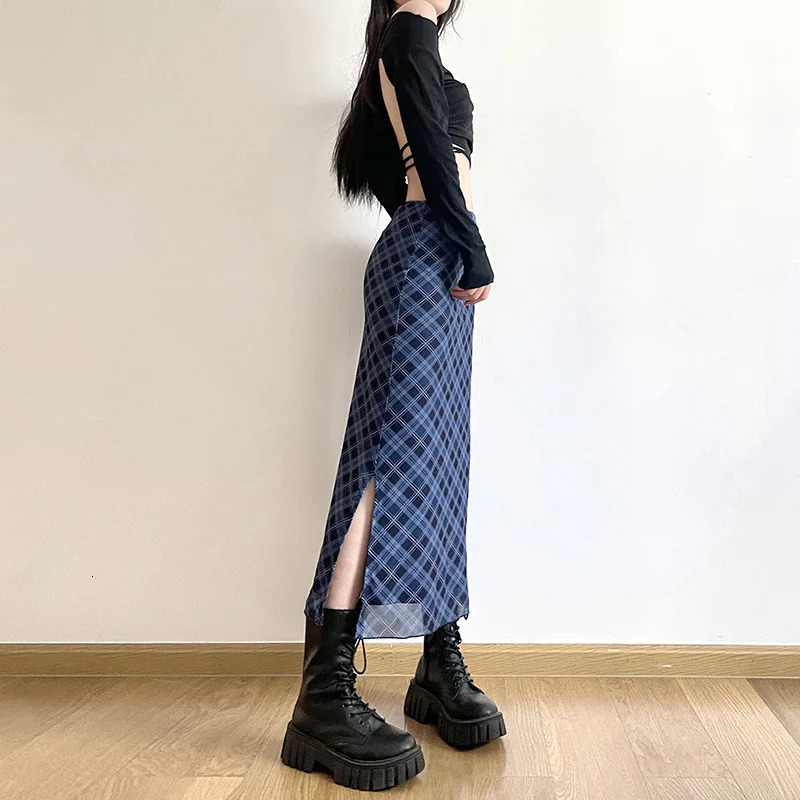 Women Spring Autumn Plaid Print Wrap Hips Skirts Fashion AnkleLength Sexy Slim Pencil Preppy Style Girls Slit Midiskirt 250513