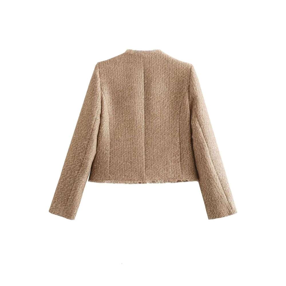 TRAF Women's Coat Tweed Cropped Jacket New In Outerwears Autumn Winter Crop Jacket Woman Long Sleeve Elegant Short Coats