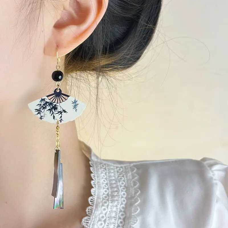 Steel Fun Jewelry New Chinese Style Fan Shell Pendant On Tassel Dangle National Style Earrings for Women Jewelry Gift 2024 Y250510