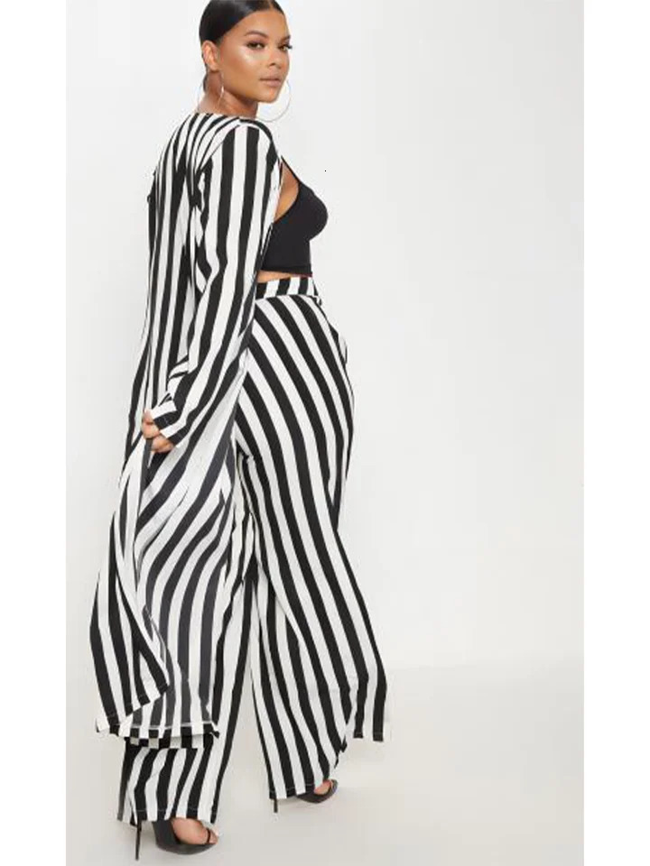 Plus Size Long Sleeve Black White Striped Set African Clothes High Waist Wide Leg Pants Two Piece Elegant OL Ladies Clothing 250506