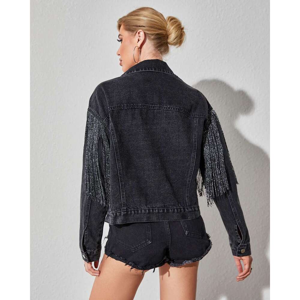 Women's Boyfriend Denim Long Sleeve Oversized Fringe Jean Jacket Coats