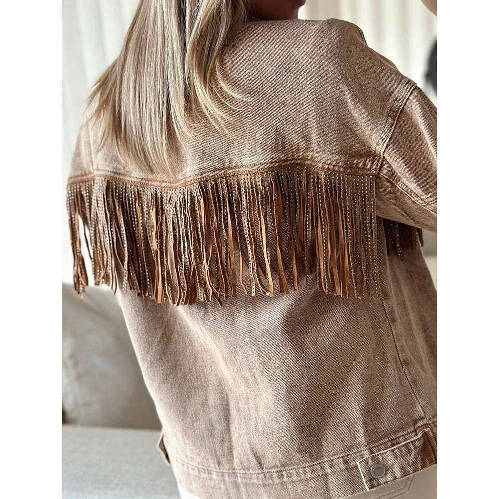 Gypsylady Stylish Retro Denim Women Jacket Autumn Winter Tassels Long Sleeve Cotton Khaki Brown Ladies Biker Jackets Chaquetas