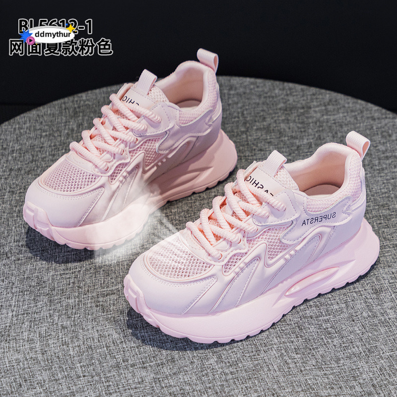 Real leather thick soled dad for women in the spring and summer of 2025 new style, internet celebrity mesh, breathable inner height increase, casual F