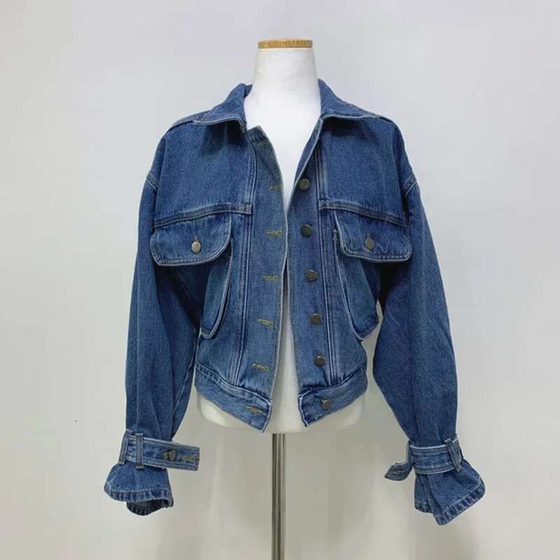 Cropped Oversized Denim Jacket Women Spring Autumn Outerwear Stylish Puff Sleeve Washed Blue Ladies Jeans Jackets Coat