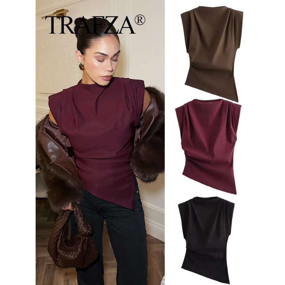 TRAFZA 2025 Female Fashion Asymmetrical Camis Solid Brown O-Neck Sleeveless Summer Holiday Casual Tank Tops Woman Street Trendy