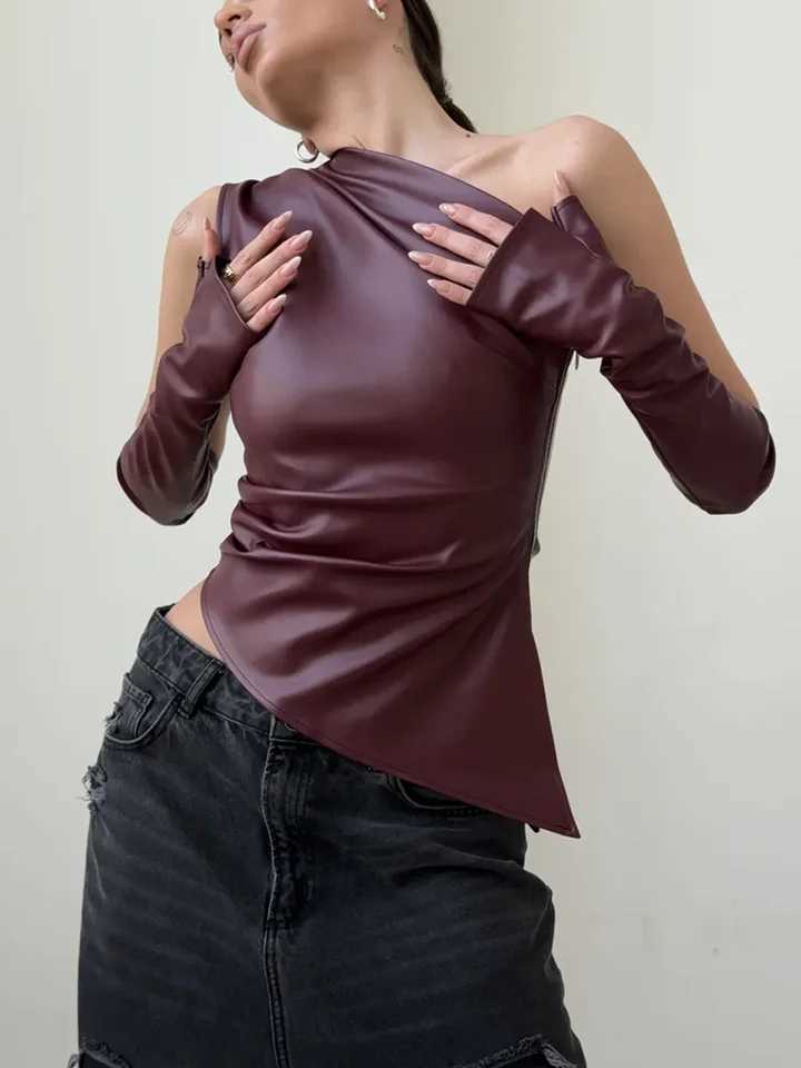 Trendix Slant Collar PU Top Sexy Asymmetrical Off Shoulder Slim Streetwear Tanks Fashion Elegant One Shoulder Vest Clubwear M250513