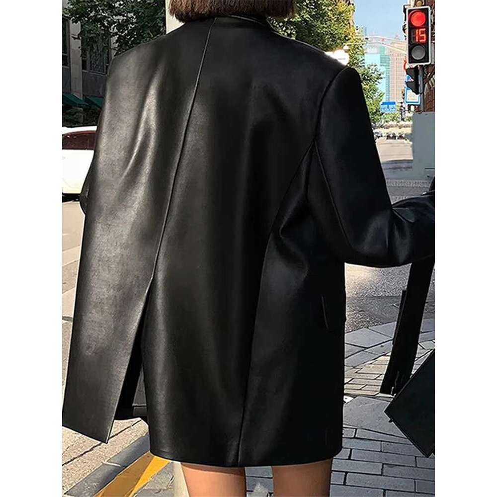 PU Leather Suit Jacket Coat Brown Woman Texture Vintage Street Trends Motorcycle Jackets Loose Casual Thickened Overcoat Top