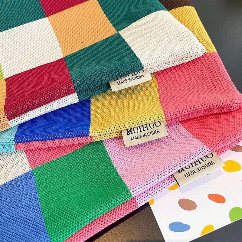 Rainbow Checkerboard Handbag Women's Handmade Knitted Woolen Bucket Japanese Casual Tote Bag Reusable Shopping Bags New
