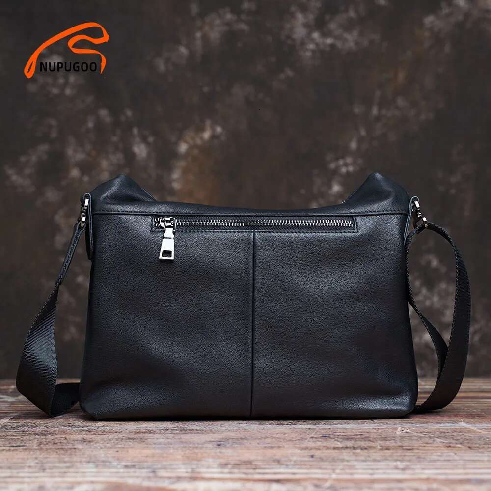 Fashion Men's Shoulder Genuine Leather Casual Crossbody Bag Classic Fold Cover zipper Messenger For 10.5 Inch Ipad NUPUGOO