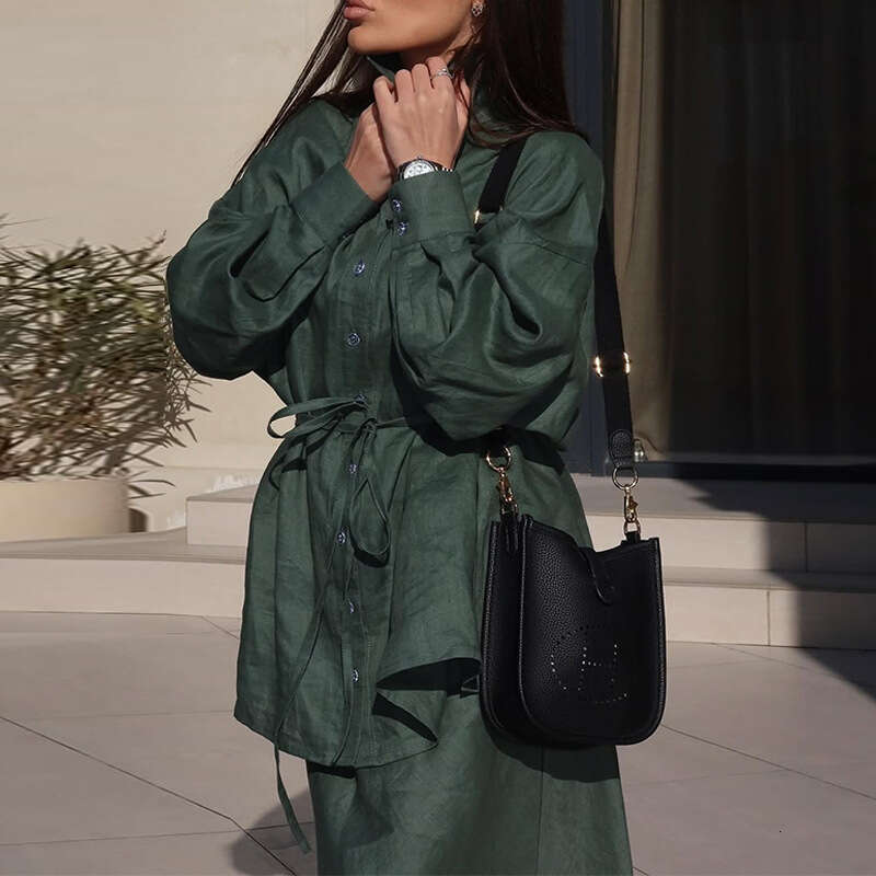 Women's Summer New Style Lapel Tie Loose Sleeved Shirt High Waisted Long Skirt Casual Set B5
