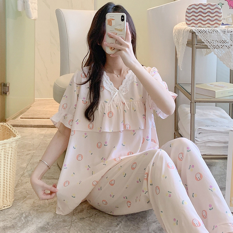B874-Cotton silk pajamas women summer thin short-sleeved trousers loose artificial cotton suit large size outer wear home clothes