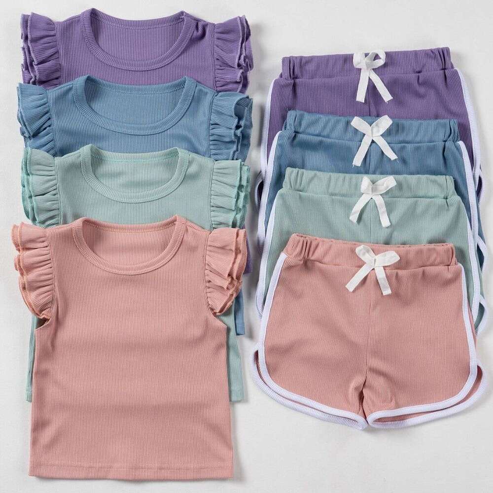 Summer baby girl set, color clashing comfortable striped double fly sleeve set, kids clothes daily and party wear for outing SY008