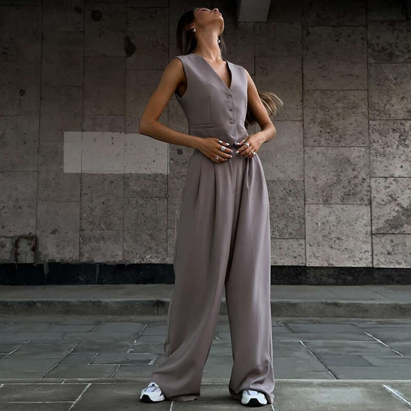 Women's Summer New V-Neck Sleeveless Vest, Hanging Wide Leg Trousers Casual Set B5