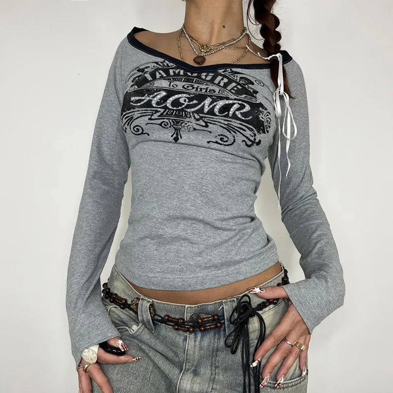 Spring Grey Womens Tshirt VNeck Long Sleeves Letter Print Crop Top Casual Fashion T Shirt Female Streetwear Sexy Cropped Tops 250513