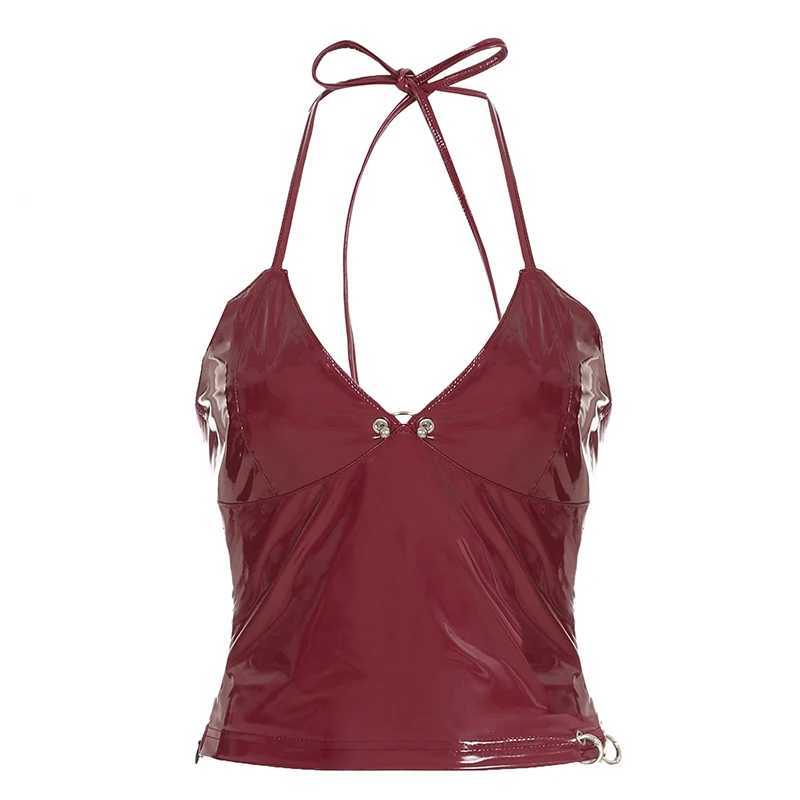 CIBBAR y2k Red Leather Crop Top Streetwear V Neck Bandage Halter Camisole Vintage Club Party Women PU Mini Vest Punk Fashion Tee M250513