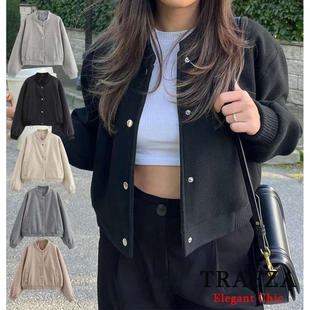 TRAFZA Casual Solid Soft Tweed Coat Women's Pocket Buttons New 2025 Spring Fall Fashion Simple Versatile Jacket