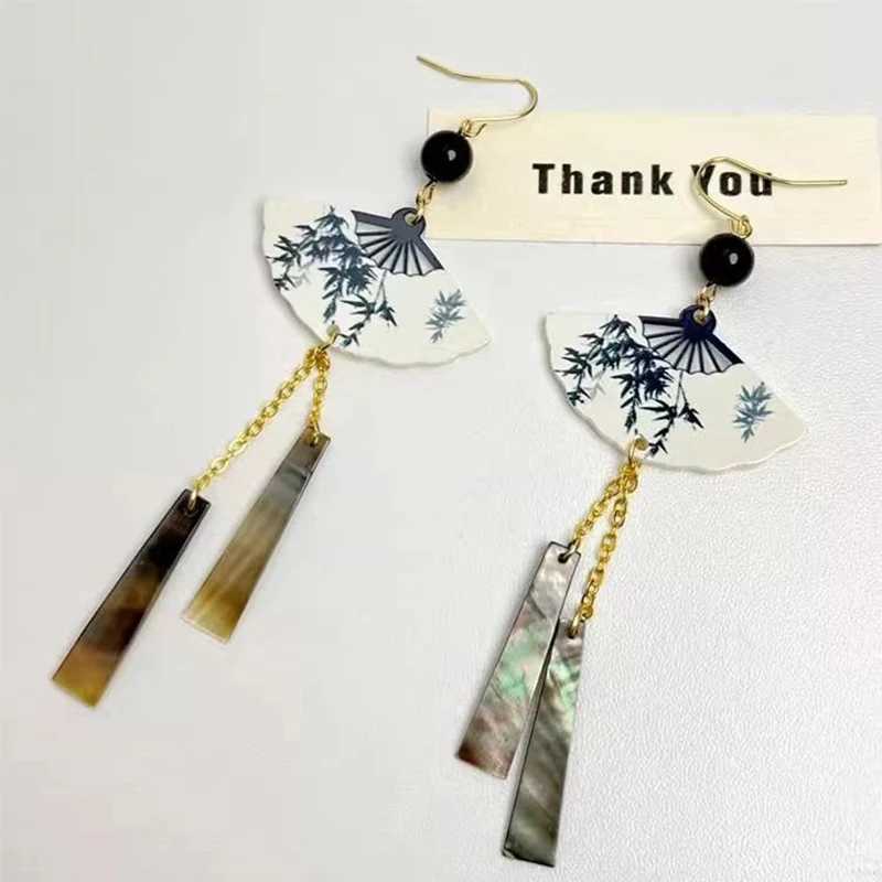 Steel Fun Jewelry New Chinese Style Fan Shell Pendant On Tassel Dangle National Style Earrings for Women Jewelry Gift 2024 Y250510