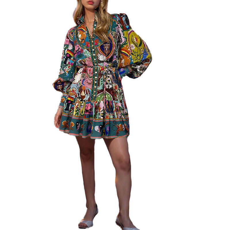 Womens Designer Clothing Women Dresses Womens Dress Vestido De Mujer 2025 Womens Printed Round Neck Waist Cinched Lace Up Ruffle Edge Pleated Dress