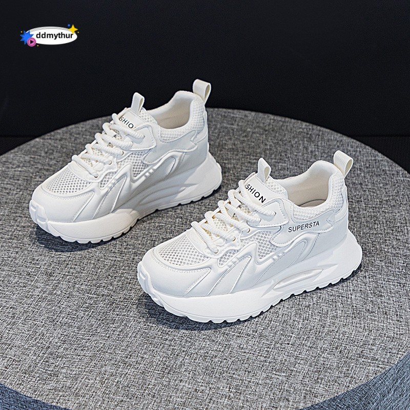 Real leather thick soled dad for women in the spring and summer of 2025 new style, internet celebrity mesh, breathable inner height increase, casual F
