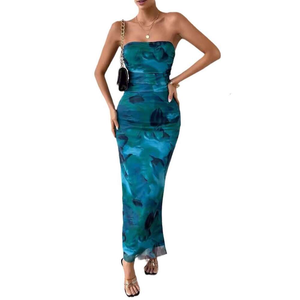 Women Clothes Dress Mesh Floral Pleated Sexy Tight Fitting Slit Strapless Long Dress KQ