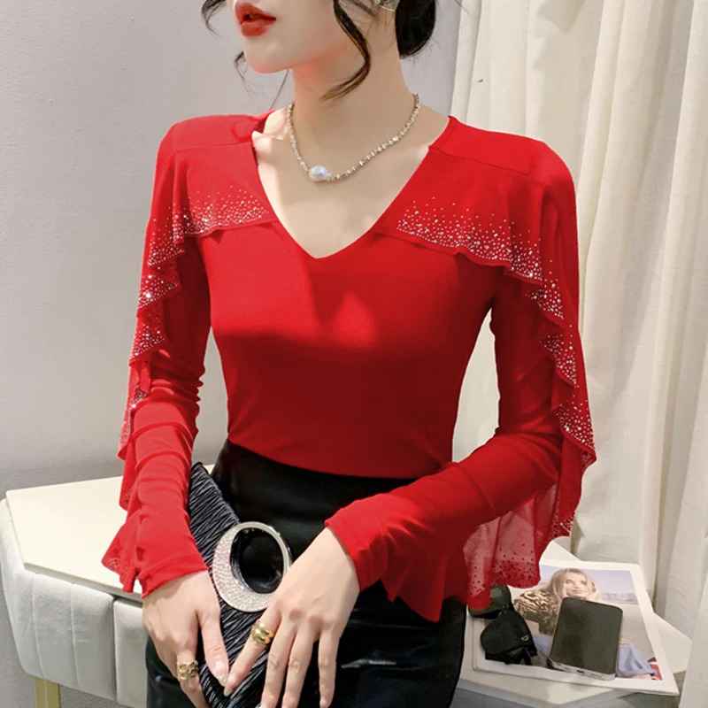 Dingaozlz Chic Style Fashion Ruffles Women Tshirt Diamonds Slim Casual Female Tops Patchwork Contrast Mesh Tees 250513